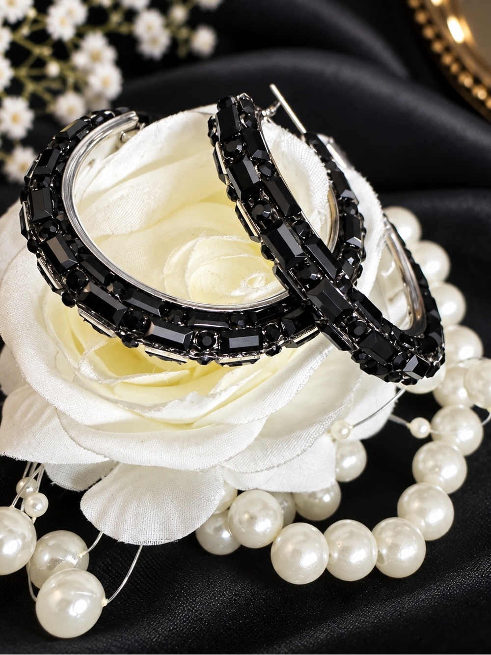 Mint Black Crystal Embellished Hoop Earrings